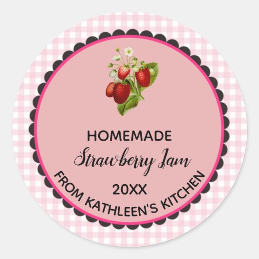 Bewerkbare Pink Gingham Strawberry Jam Label Stick (Voorkant)