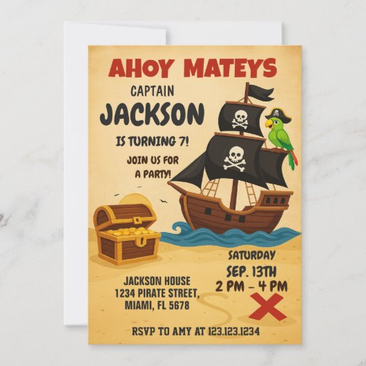 Bewerkbare Pirate Treasure Map Verjaardag Uitnodig Kaart (Voorkant)