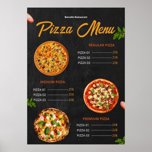 Bewerkbare Pizzamenukaart Pizzaria Restaurant Menu Poster (Voorkant)