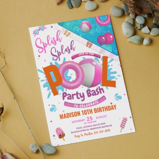 Bewerkbare Pool Party Bash Roze Verjaardag Uitnodi Kaart