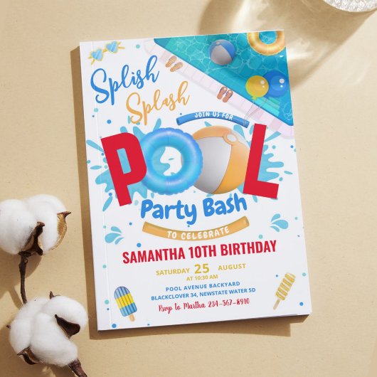 Bewerkbare Pool Party Bash Verjaardagsfeestuitnodi Kaart