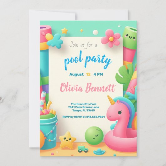 Bewerkbare Pool Party Verjaardag Zomer Zwemmen Kaart (Voorkant)