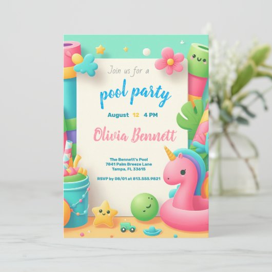 Bewerkbare Pool Party Verjaardag Zomer Zwemmen Kaart (Staand voorkant)