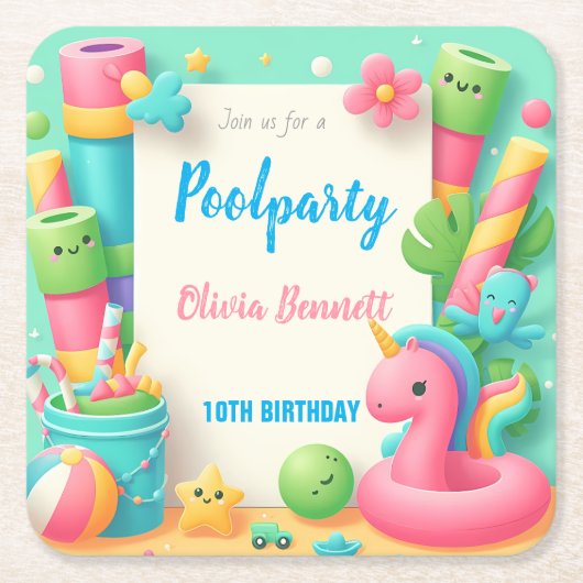 Bewerkbare Pool Party Verjaardag Zomer Zwemmen Kartonnen Onderzetters (Voorkant)