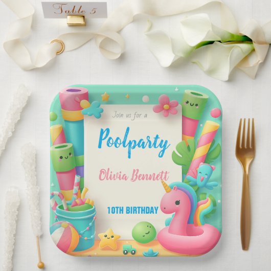 Bewerkbare Pool Party Verjaardag Zomer Zwemmen Papieren Bordje (Huwelijk)