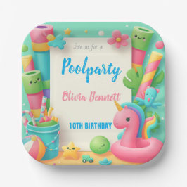 Bewerkbare Pool Party Verjaardag Zomer Zwemmen Papieren Bordje