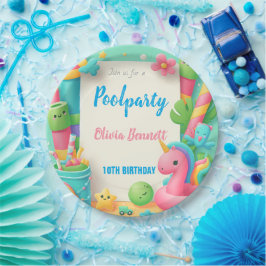 Bewerkbare Pool Party Verjaardag Zomer Zwemmen Papieren Bordje