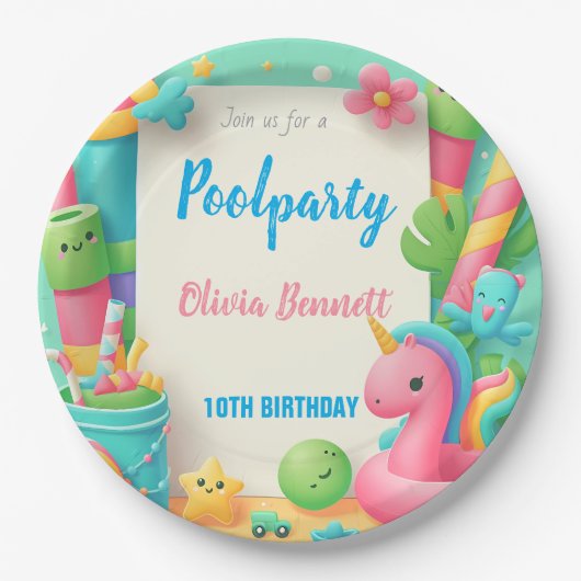 Bewerkbare Pool Party Verjaardag Zomer Zwemmen Papieren Bordje (Voorkant)