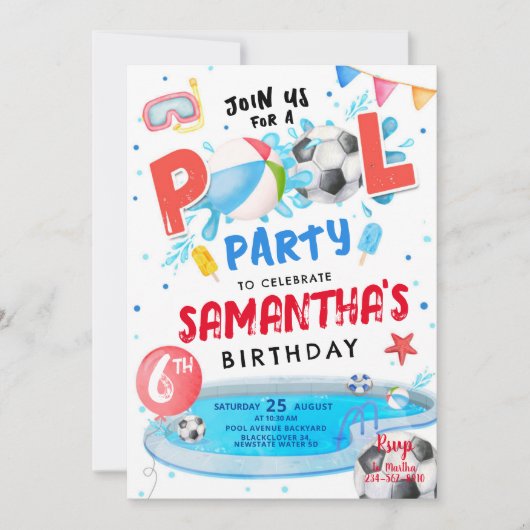 Bewerkbare Pool Party Verjaardagsfeestuitnodiging Kaart (Voorkant)