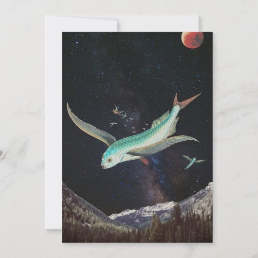 Bewerkbare psychedelische vliegende vis ruimte beg feestdagenkaart (Voorkant)