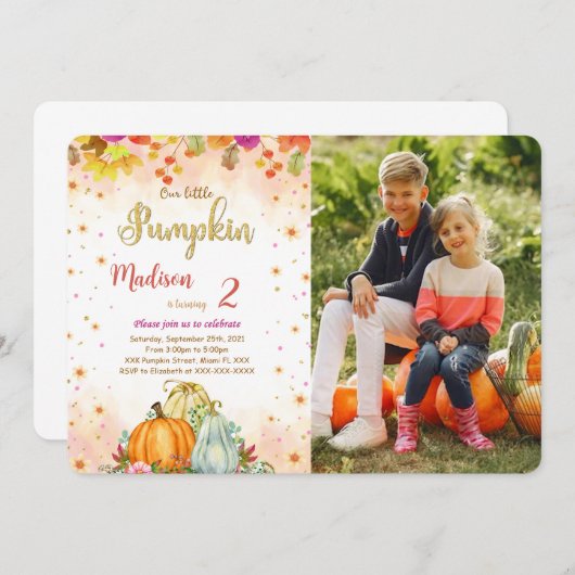 Bewerkbare Pumpkin Birthday Photo uitnodiging (Voorkant / Achterkant)