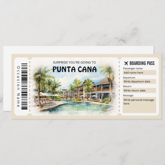 Bewerkbare Punta Cana Boarding Pass Vliegticket Kaart (Voorkant / Achterkant)