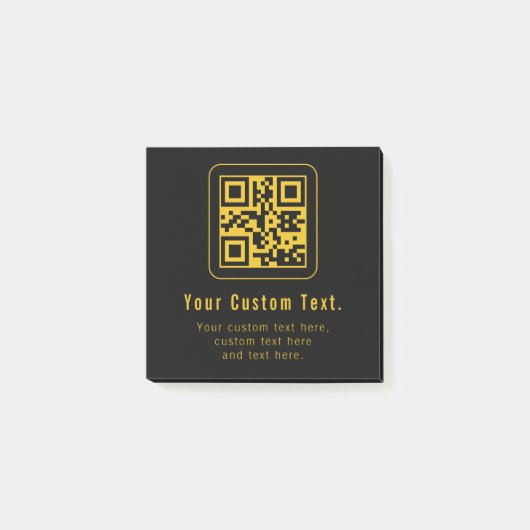 Bewerkbare QR-code en tekstsjabloon | Zwart en gou Post-it® Notes (Voorkant)
