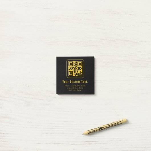 Bewerkbare QR-code en tekstsjabloon | Zwart en gou Post-it® Notes (Op bureau)