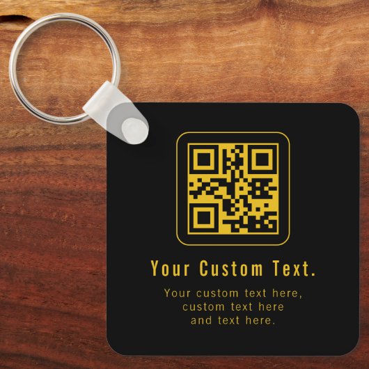 Bewerkbare QR-code en tekstsjabloon | Zwart en gou Sleutelhanger (Voorkant)