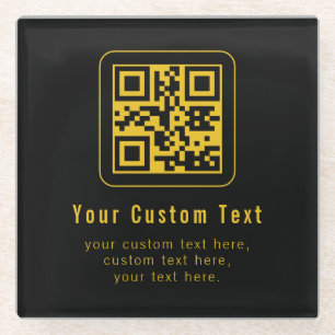 Bewerkbare QR-code & tekst sjabloon   Zwart & Goud Glazen Onderzetter
