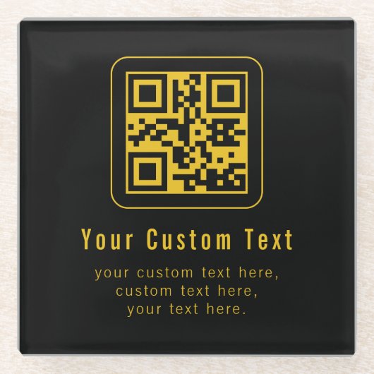 Bewerkbare QR-code & tekst sjabloon | Zwart & Goud Glazen Onderzetter (Voorkant)