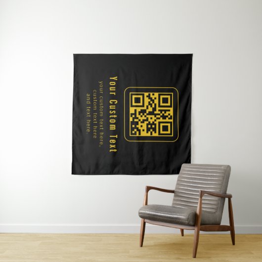 Bewerkbare QR-code & tekst sjabloon | Zwart & Goud Wandkleed (In Situ (horizontaal))
