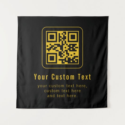 Bewerkbare QR-code & tekst sjabloon | Zwart & Goud Wandkleed (Voorkant)
