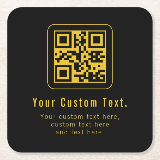 Bewerkbare QR-code & tekstsjabloon | Zwart & Goud Kartonnen Onderzetters (Voorkant)