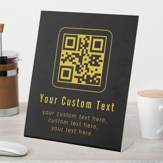Bewerkbare QR-code & tekstsjabloon | Zwart & Goud Reclamebord Met Voetstuk (Insitu)