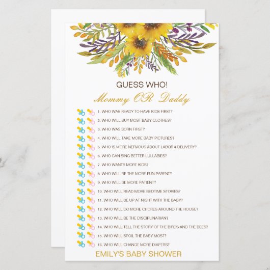 Bewerkbare raad wie, Baby shower van mama of papa (Voorkant / Achterkant)