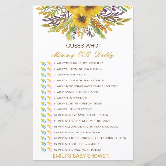 Bewerkbare raad wie, Baby shower van mama of papa (Voorkant)