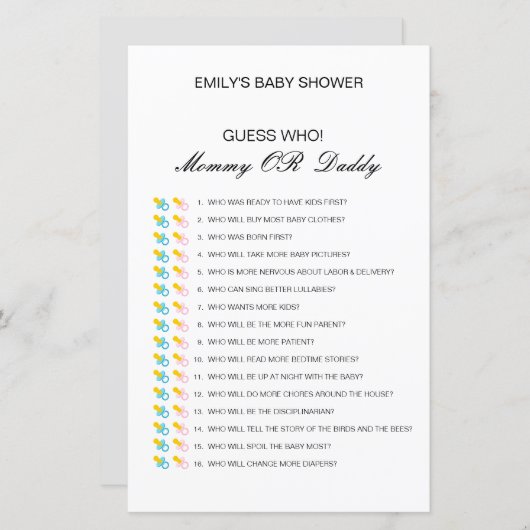 Bewerkbare raad wie, Baby shower van mama of papa (Voorkant / Achterkant)