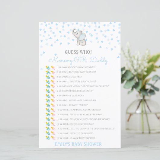 Bewerkbare raad wie, Baby shower van mama of papa (Staand voorkant)