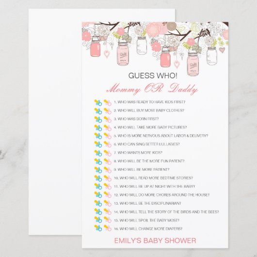 Bewerkbare raad wie, Baby shower van mama of papa (Voorkant / Achterkant)