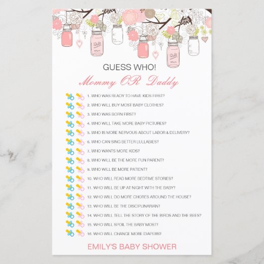 Bewerkbare raad wie, Baby shower van mama of papa (Voorkant)