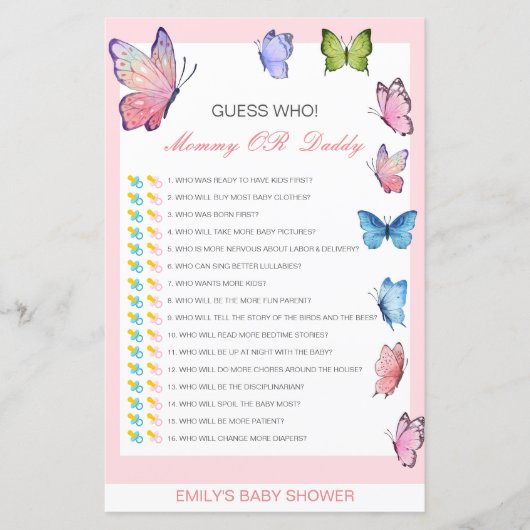 Bewerkbare raad wie, Baby shower van mama of papa (Voorkant)