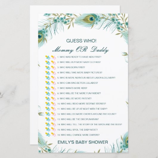 Bewerkbare raad wie, Baby shower van mama of papa (Voorkant / Achterkant)