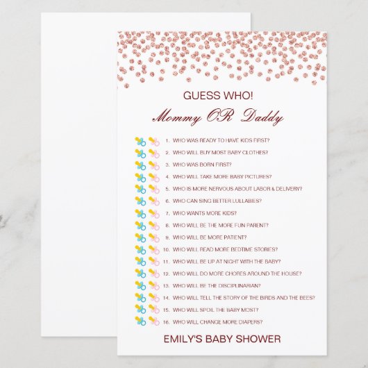 Bewerkbare raad wie, Baby shower van mama of papa (Voorkant / Achterkant)