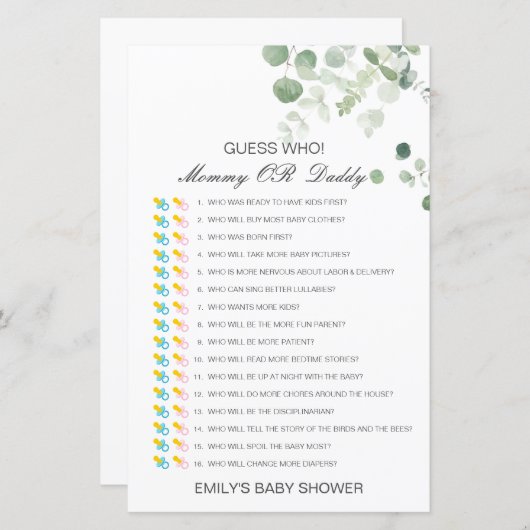 Bewerkbare raad wie, Baby shower van mama of papa (Voorkant / Achterkant)