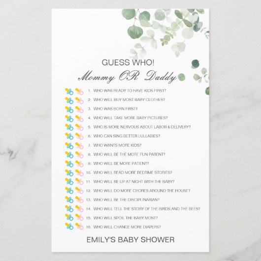 Bewerkbare raad wie, Baby shower van mama of papa (Voorkant)