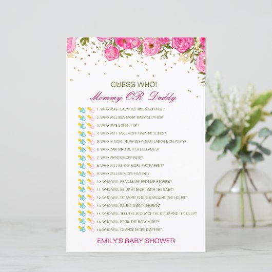 Bewerkbare raad wie, Baby shower van mama of papa (Staand voorkant)