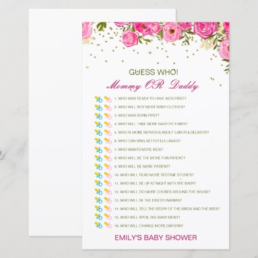 Bewerkbare raad wie, Baby shower van mama of papa (Voorkant / Achterkant)