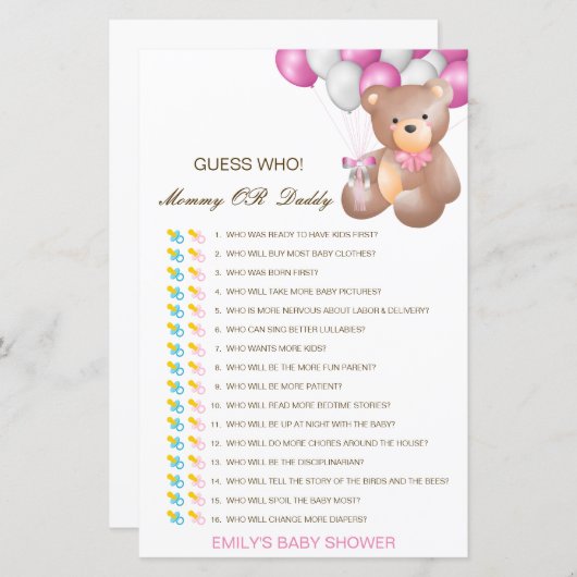 Bewerkbare raad wie, Baby shower van mama of papa (Voorkant / Achterkant)