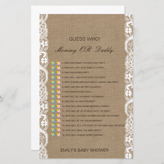 Bewerkbare raad wie, Baby shower van mama of papa (Voorkant / Achterkant)