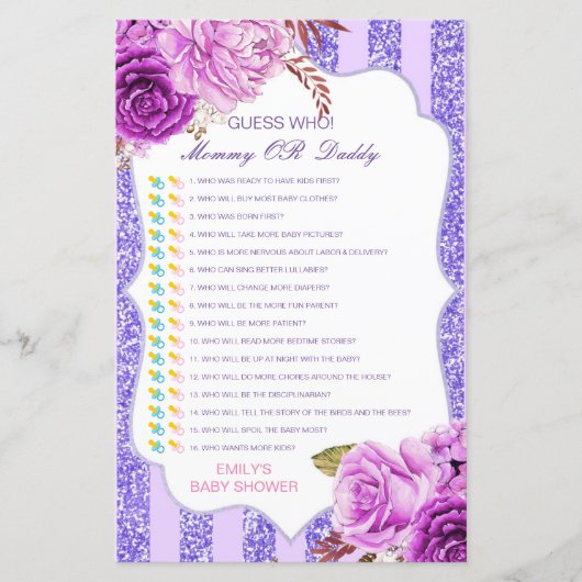 Bewerkbare raad wie, Baby shower van mama of papa (Voorkant)