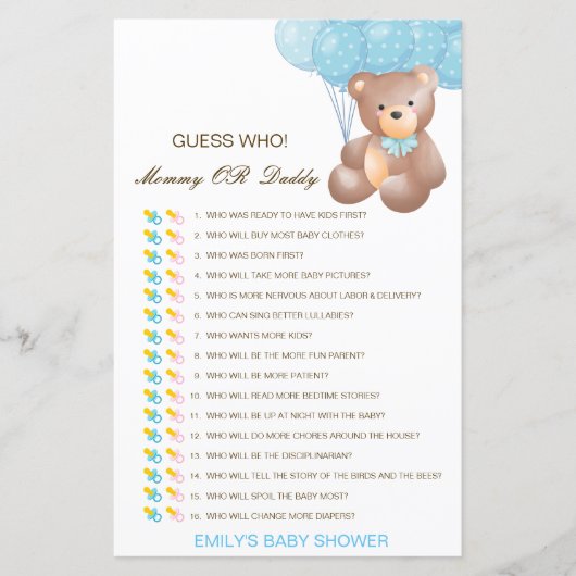 Bewerkbare raad wie, Baby shower van mama of papa (Voorkant)