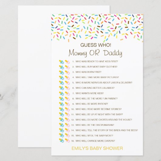 Bewerkbare raad wie, Baby shower van mama of papa (Voorkant / Achterkant)