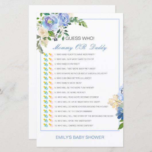 Bewerkbare raad wie, Baby shower van mama of papa (Voorkant / Achterkant)