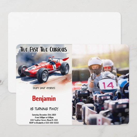 Bewerkbare raceauto, twee snelle verjaardagsfoto kaart (Voorkant / Achterkant)