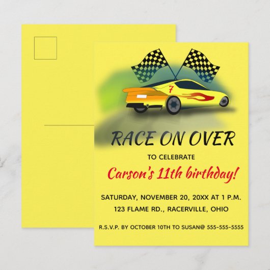 Bewerkbare Racing Car verjaardagsfeestje Uitnodiging Briefkaart (Voorkant / Achterkant)