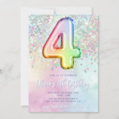 Bewerkbare Rainbow Glitter 4th Birthday Invitation Kaart (Voorkant)