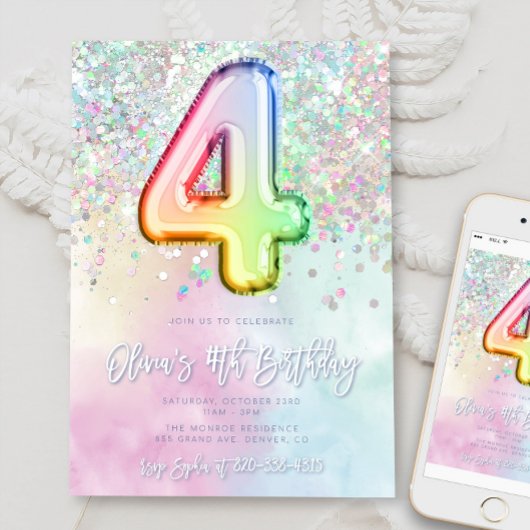 Bewerkbare Rainbow Glitter 4th Birthday Invitation Kaart