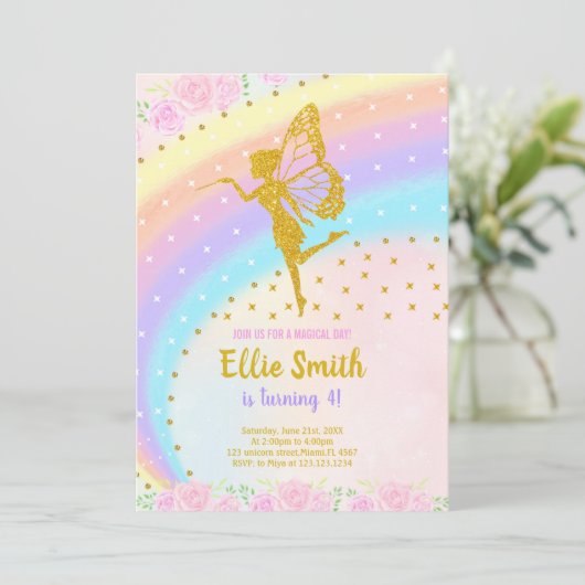 Bewerkbare Rainbow Glitter Fairy verjaardagsuitnod Kaart (Staand voorkant)