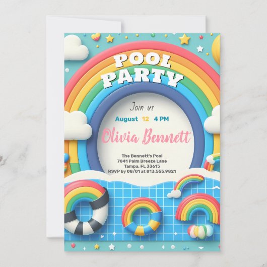 Bewerkbare Rainbow Pool Party Verjaardag Zomer Zwe Kaart (Voorkant)